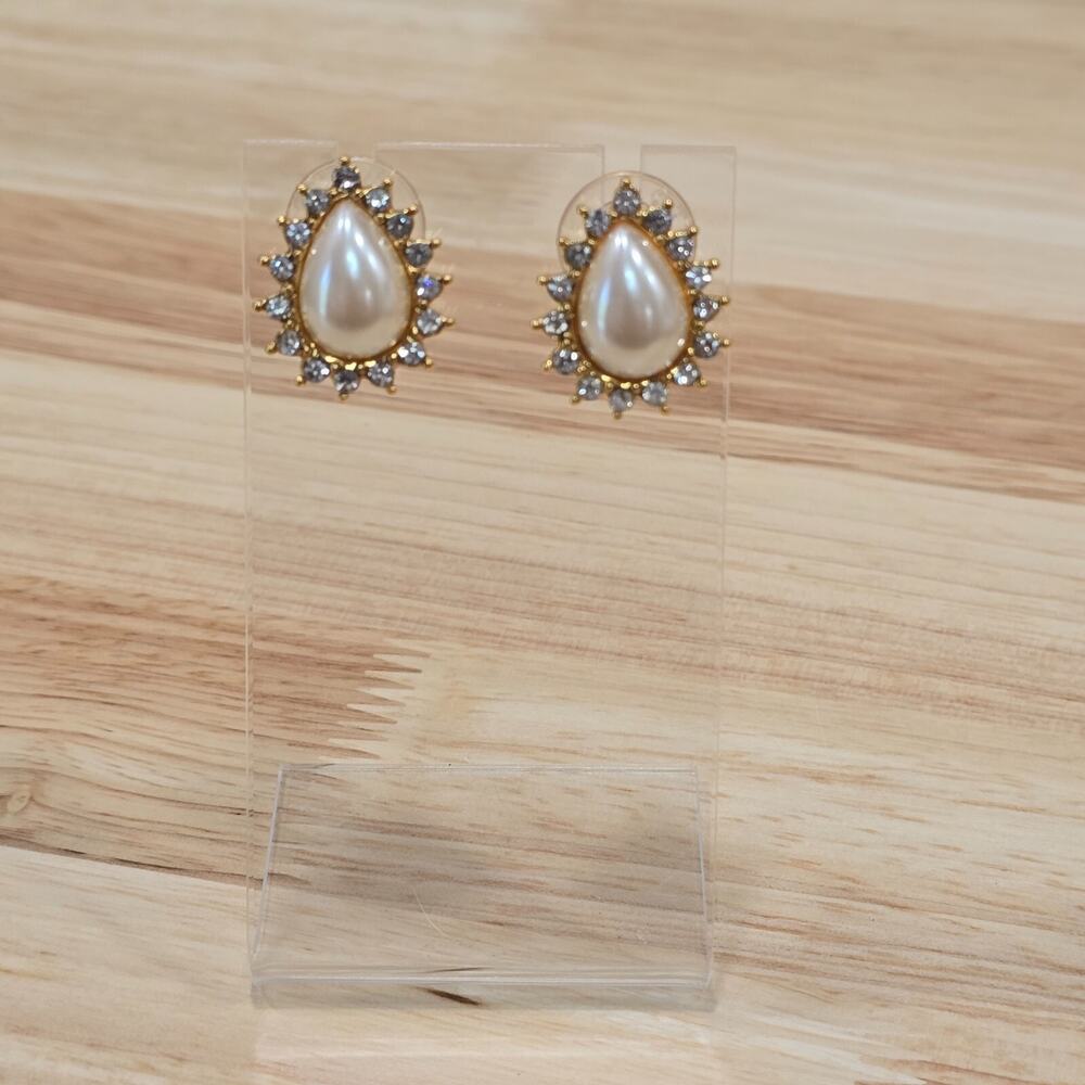 Monet Gold Tone Simulated Pearl Teardrop White Rhinestone Post Earrings